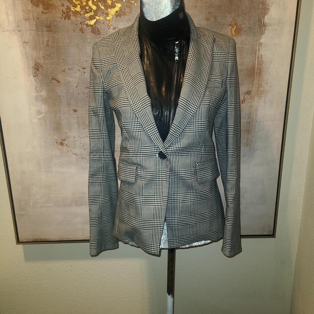 Veronica Beard Black Leather, Plaid Print Blazer Timeless Sophistication